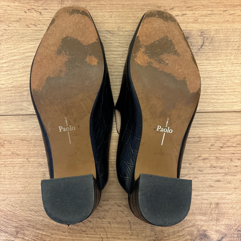 LINEA PAOLO Womens Giselle Croco‎ Embossed Leather Mules Size 8 Black Crocodile - Picture 11 of 12